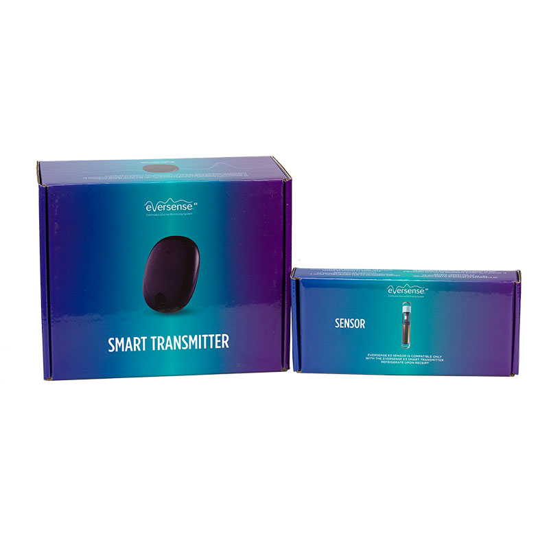 Eversense E3 Transmitter in mmol/l und der Sensor Verpackung