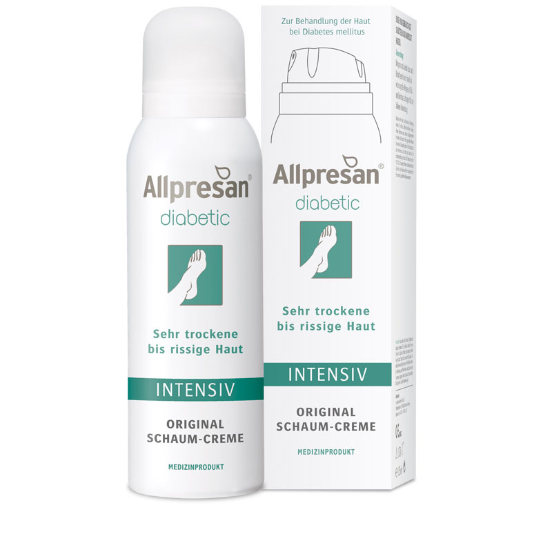 Allpresan diabetic Fuß Schaum Creme INTENSIV 125 ml Dose und Verpackung