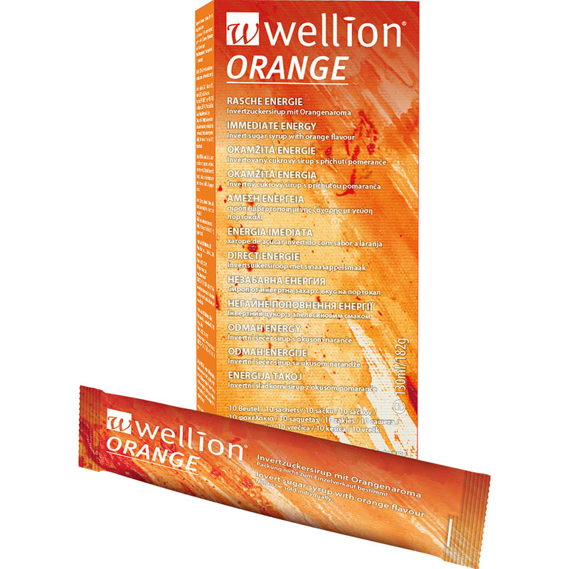 Wellion Flüssigzucker Beutel 13 ml orange Verpackung