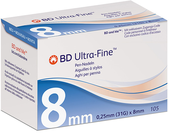 BD Micro-Fine Ultra Pro Pen-Nadeln 8 mm Verpackung mit 105 Stück Inhalt