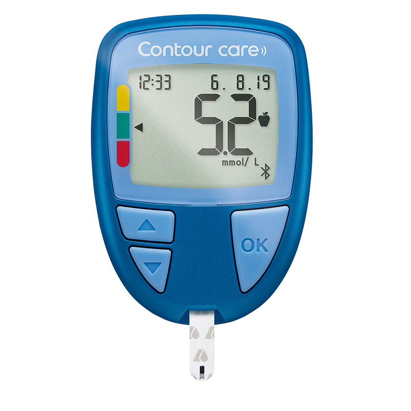 CONTOUR CARE Blutzuckermessgerät in mmol/l mit eingestecktem Teststreifen
